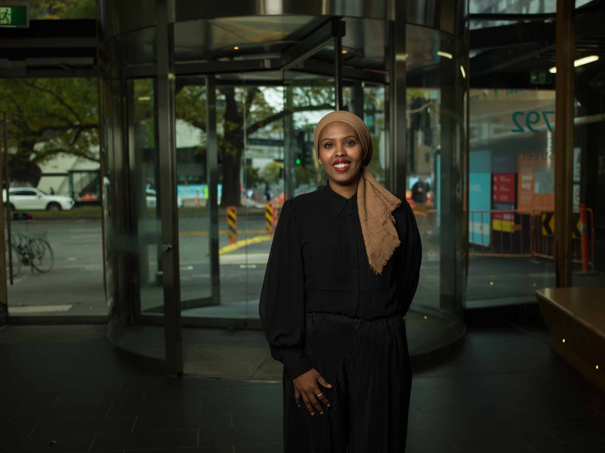 Nafisa Yussf stands in the Doherty Institute foyer